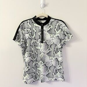 TAIL Green Snake Print Polo 1/4 Snap Top White Black Womens M Golf Pickleball